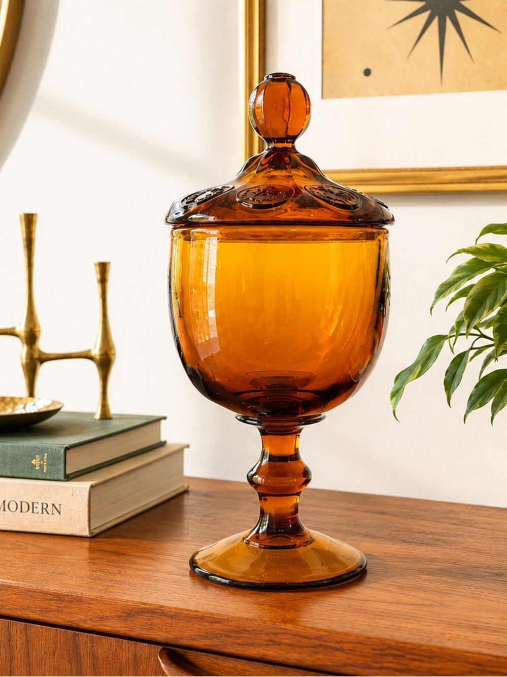 Vintage Amber Glass Pedestal Compote Footed Candy Nut Serving Dish MCM